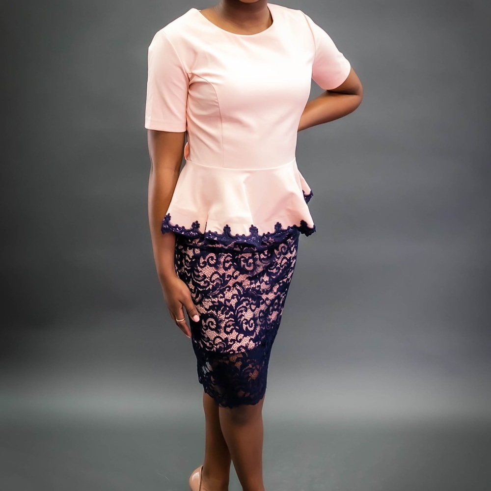 2 piece top and skirt set in pink and blue.